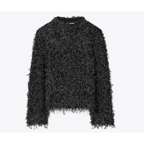 Tory Burch Iridescent Sequined Fringe Black Wool Sweater Sz Small